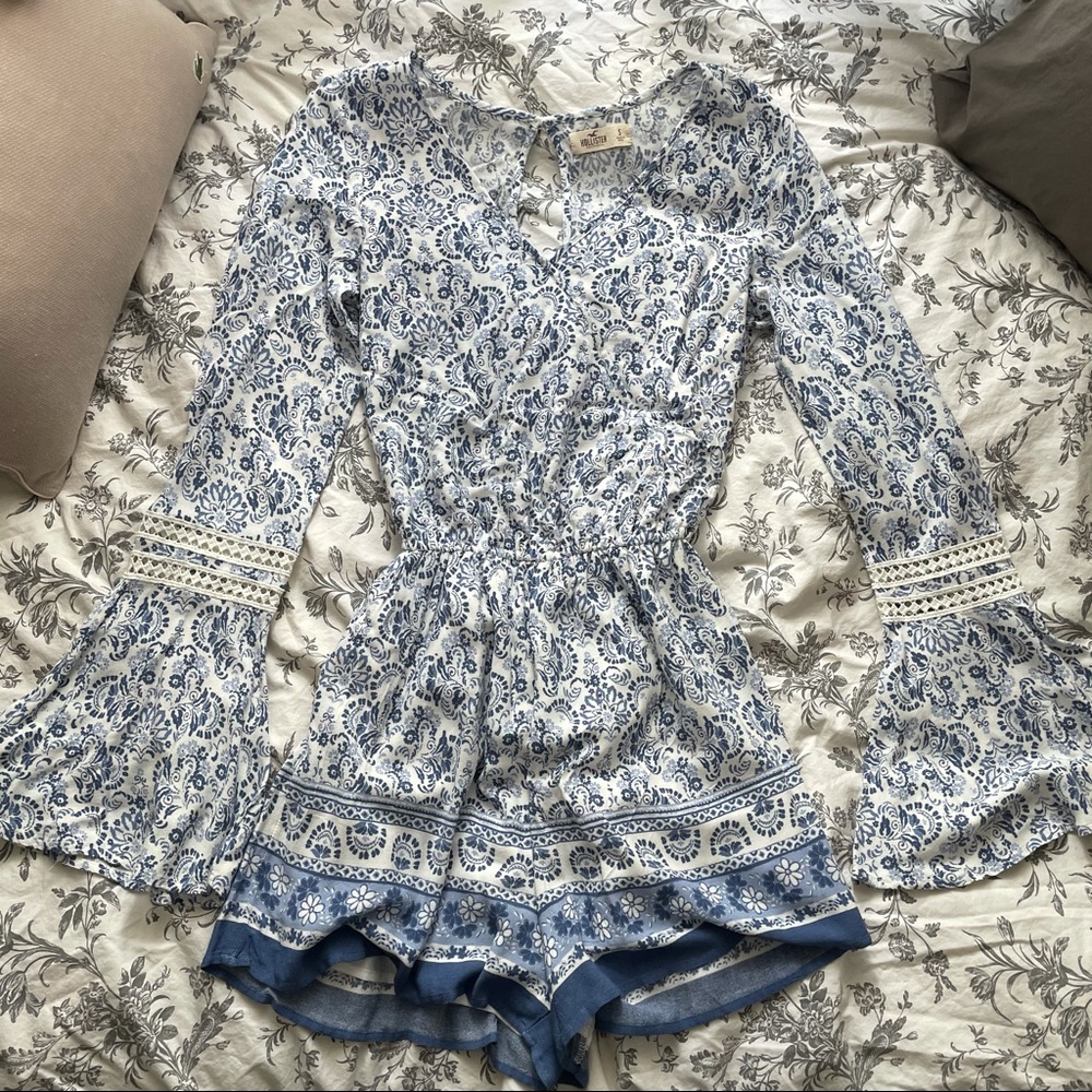 light blue/white boho floral romper